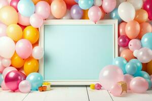 ai generiert Geburtstag Rahmen mit Farbe Luftballons mit funkelt, leer Rahmen Dekoration mit Ballon , ai generiert foto
