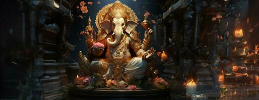 ai generiert golden Herr Ganesha Skulptur auf Natur Hintergrund. feiern Herr Ganesha Festival. ai generativ. foto