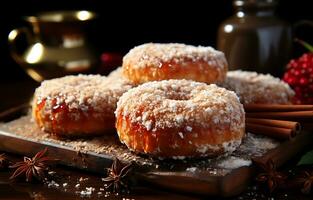 ai generiert ein hausgemacht köstlich Süss Essen Apfelwein Krapfen gemacht mit Zucker foto