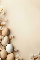 ai generiert natürlich Ostern Hintergrund mit Eier, Blumen und Kopieren Raum zum Text. weich, Beige Farbe. perfekt zum Frühling Themen, Ostern Inhalt, und rustikal oder minimalistisch Design Projekte. foto