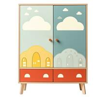 ai generiert charmant Kinder Kleiderschrank mit Häuser und Wolken Illustrationen, Angebot spielerisch Lager Lösung. isoliert auf Weiß Hintergrund. Schnitt aus Kinder- Zimmer Möbel. Vorderseite Sicht. generativ ai. foto