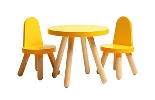 ai generiert hell Gelb Kinder Tabelle und Stuhl einstellen mit natürlich Holz Beine, perfekt zum ein beschwingt Spielzimmer oder Kindergarten. isoliert auf Weiß Hintergrund. Schnitt aus Kinder- Zimmer Möbel. Vorderseite Sicht. foto