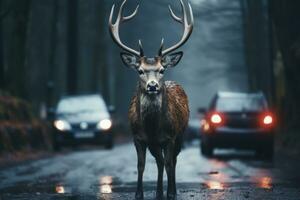 ai generiert Hirsch Kreuzung Auto Straße in der Nähe von Wald foto