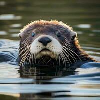 ai generiert ein Porträt von ein spielerisch Meer Otter schwebend foto