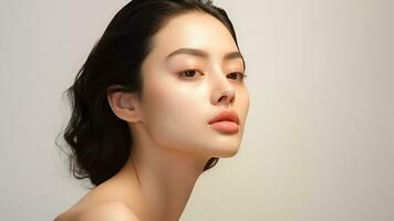 ai generiert Schönheit jung asiatisch Frau mit sauber frisch Haut Mädchen Schönheit Gesicht Pflege. Gesichts- Behandlung. ai generiert foto
