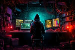 ai generiert Hacker Mann Terrorist mit Virus Computer Attacke zu Server Netzwerk System .ai generiert foto
