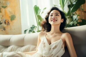 ai generiert Foto glücklich schön jung asiatisch Frau entspannend auf Sofa im Leben zimmer.ai generiert