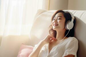 ai generiert Foto glücklich schön jung asiatisch Frau entspannend auf Sofa mit Kopfhörer im Leben zimmer.ai generiert
