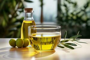 ai generiert Olive Öl im Schüssel und Flasche mit Natur Landschaft foto
