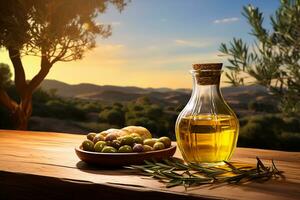 ai generiert Olive Öl im Flasche auf hölzern Tabelle mit Natur Landschaft foto