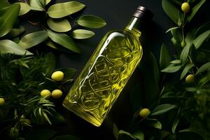 ai generiert Olive Öl im Flasche mit Grün Blätter auf dunkel Hintergrund foto