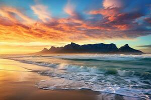 ai generiert schön Strand Landschaft mit Wasser Wellen beim Sonnenuntergang foto