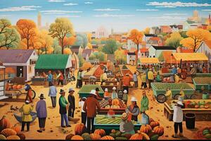 ai generiert Illustration von Menschen beim ein Bauern Markt im das Herbst Jahreszeit, ai generiert foto