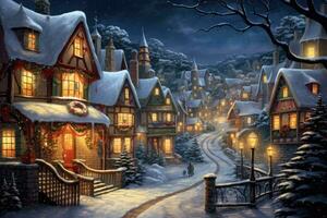 ai generiert Winter Dorf beim Nacht. Weihnachten und Neu Jahr Hintergrund. Digital malen, ein schneebedeckt Dorf mit funkeln Fee Beleuchtung und Schneemänner tragen Schals, ai generiert foto