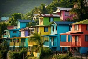 ai generiert bunt hölzern Häuser auf das Insel von sri lanka, Asien, bunt Häuser auf das tropisch Insel von Barbados, ai generiert foto