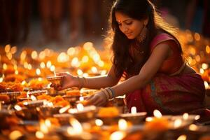 ai generiert unbekannt Hindu Mädchen Beleuchtung Kerzen im Kalkutta, Westen Bengalen, Indien, Diwali, Hindu Festival von Beleuchtung Feier, ai generiert foto