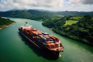 ai generiert Antenne Aussicht von Container Schiff im das Meer mit Berge Hintergrund, Container Schiff Vorbeigehen durch das Panama Kanal, ai generiert foto