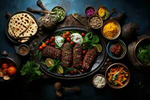 ai generiert indisch Küche. gegrillt Kebab mit Gewürze, Kräuter und Gemüse, köstlich Essen zum ein Ramadan Fest auf das Tisch, oben Sicht, ai generiert foto