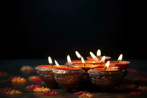 ai generiert glücklich Diwali - - Lehm Diya Lampen zündete während Dipavali Feier, Diwali Festival von Beleuchtung Hintergrund, ai generiert foto