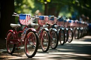 ai generiert Fahrräder mit amerikanisch Flaggen geparkt im ein Reihe im das Park, dekoriert Fahrräder gefüttert oben zum ein vierte von Juli Parade, Unabhängigkeit Tag, ai generiert foto