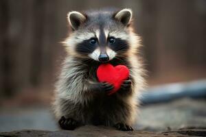 ai generiert Waschbär halten ein rot Herz. Valentinstag Tag Konzept, süß Baby Waschbär halten ein rot Herz auf Valentinstag Tag, ai generiert foto