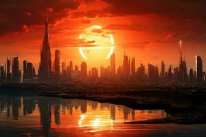 ai generiert schön Sonnenuntergang Über Dubai Stadtbild, vereinigt arabisch Emirate, ein hoffnungsvoll Sonnenaufgang Über ein Stadt Himmel, ai generiert foto