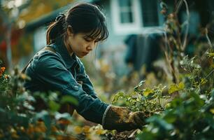 ai generiert ein Frau im Gartenarbeit Handschuhe Pflügen Pflanzen foto