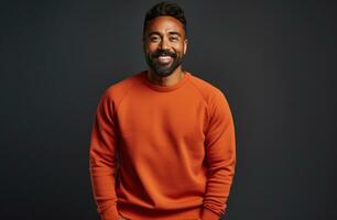 ai generiert ein männlich im ein Orange Jumper posieren zum ein Foto, foto