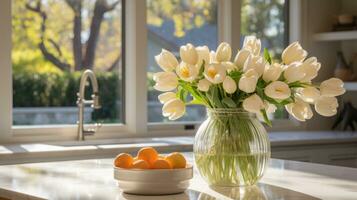 ai generiert ein modern Weiß Küche mit Pops von Grün, ein Vase von Tulpen auf das Schalter, foto