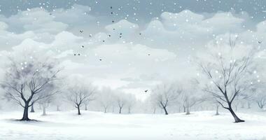 ai generiert ein Schnee bedeckt Winter Landschaft hinter Ficus Bäume, foto
