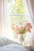 ai generiert ein Weiß Schlafzimmer mit ein flauschige Bettdecke, ein Vase von Rosa Rosen auf ein Bett Tisch, foto