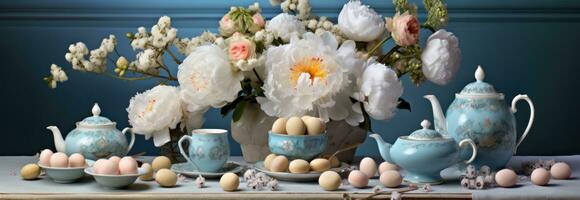 ai generiert ein runden Tabelle bedeckt mit Eier, Pfingstrosen, Ostern behandelt, foto