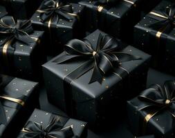 ai generiert schwarz Geschenk Kisten auf ein schwarz Hintergrund, foto