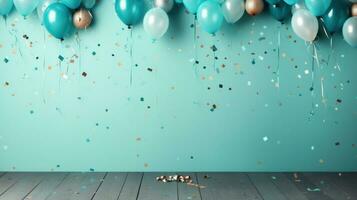 ai generiert Hintergrund Geburtstag Rand mit Luftballons und Party Hüte, Licht blaugrün foto