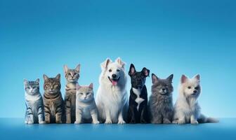 ai generiert Hunde und Katzen zusammen auf ein Blau Hintergrund, foto