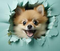 ai generiert süß Hund pommerschen suchen aus von ein Loch im das Wand, foto