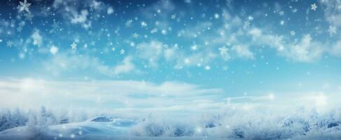 ai generiert Schnee Hintergrund mit Bäume zum Weihnachten auf ein klar Blau Himmel mit Schnee, foto