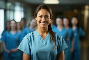 ai generiert ein weiblich Krankenschwester ist Stehen im Vorderseite von ein Gruppe von Menschen, ich foto