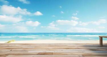 ai generiert hölzern Tabelle beim das Strand mit Blick auf das Ozean mit Blau Himmel foto