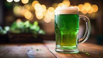 ai generiert ein festlich st. Patrick's Tag Bild mit ein Grün Bier Becher und ein Kleeblatt auf ein hölzern Tabelle foto