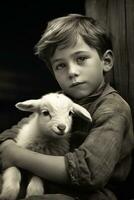 ai generiert ein jung Junge leise Schlaganfälle das flaumig Pelz von ein Baby Lamm eingebettet zufrieden auf seine Schoß. foto