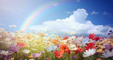ai generiert Feld von Blumen mit ein Regenbogen hinter Es, foto