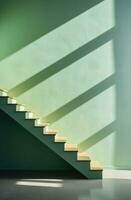 ai generiert ein hölzern Treppe mit ein Grün Poster in der Nähe von das Stufen, foto