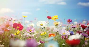 ai generiert Feld von Blumen mit ein Regenbogen hinter Es, foto