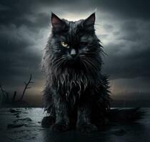 ai generiert schwarz Katze auf dunkel Hintergrund foto