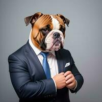 ai generiert Geschäftsmann mit ein Englisch Bulldogge Hund Kopf im ein Anzug. isoliert Hintergrund. anthropomorph Tiere. foto