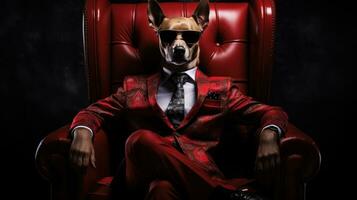 ai generiert ein Hund tragen ein Anzug, Sonnenbrille und Sitzung im ein Stuhl, foto