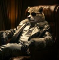 ai generiert ein Mann im Tier Kostüme sitzt im ein Leder Stuhl tragen Sonnenbrille und ein Jacke, foto