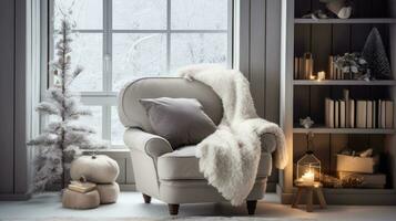 ai generiert ein lesen Winkel mit ein komfortabel Sessel und ein Bücherregal gefüllt mit Winterthema liest, foto