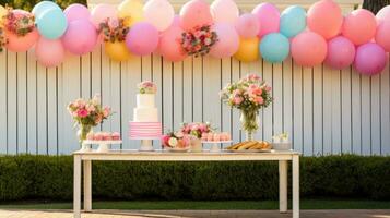 ai generiert Blühen Blumen und bunt Luftballons einstellen das perfekt Hintergrund foto